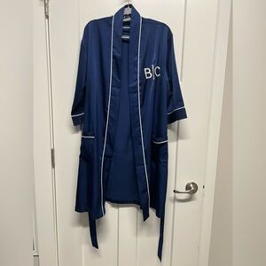 Mark & Graham Navy Satin Robe with White Trim